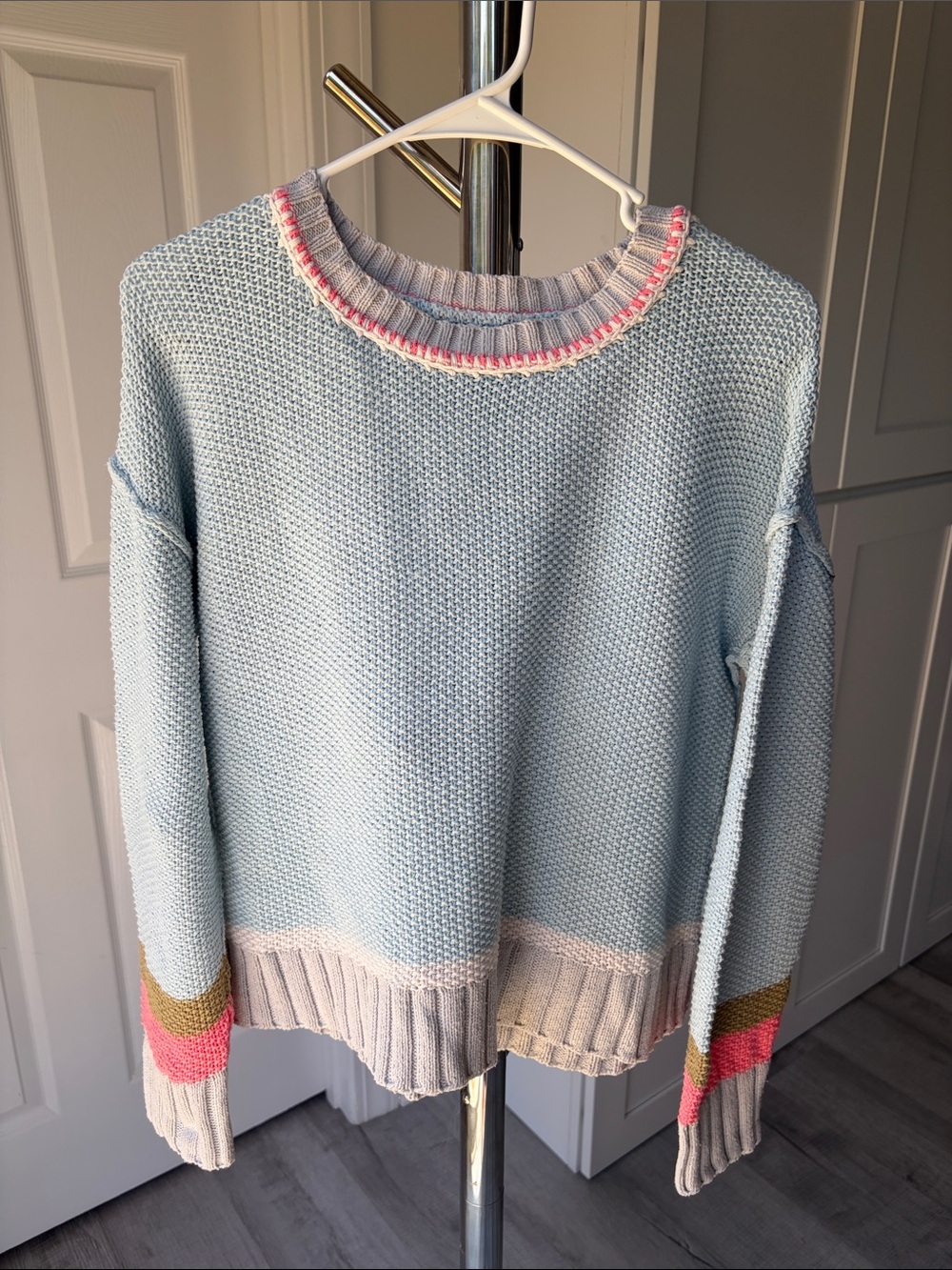 Lisa Todd Light Blue Crewneck Sweater with Pink and Olive Stripes, Size L. - Picture 15 of 15
